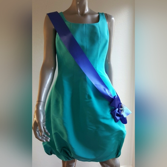 *$6,000 OSCAR DE LA RENTA AQUA SILK BUBBLE HEM PICASSO RUNWAY DRESS US 8 - Picture 5 of 11